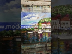 Handgemaltes abstraktes Acrylgemälde mit roten Booten auf dem Dock